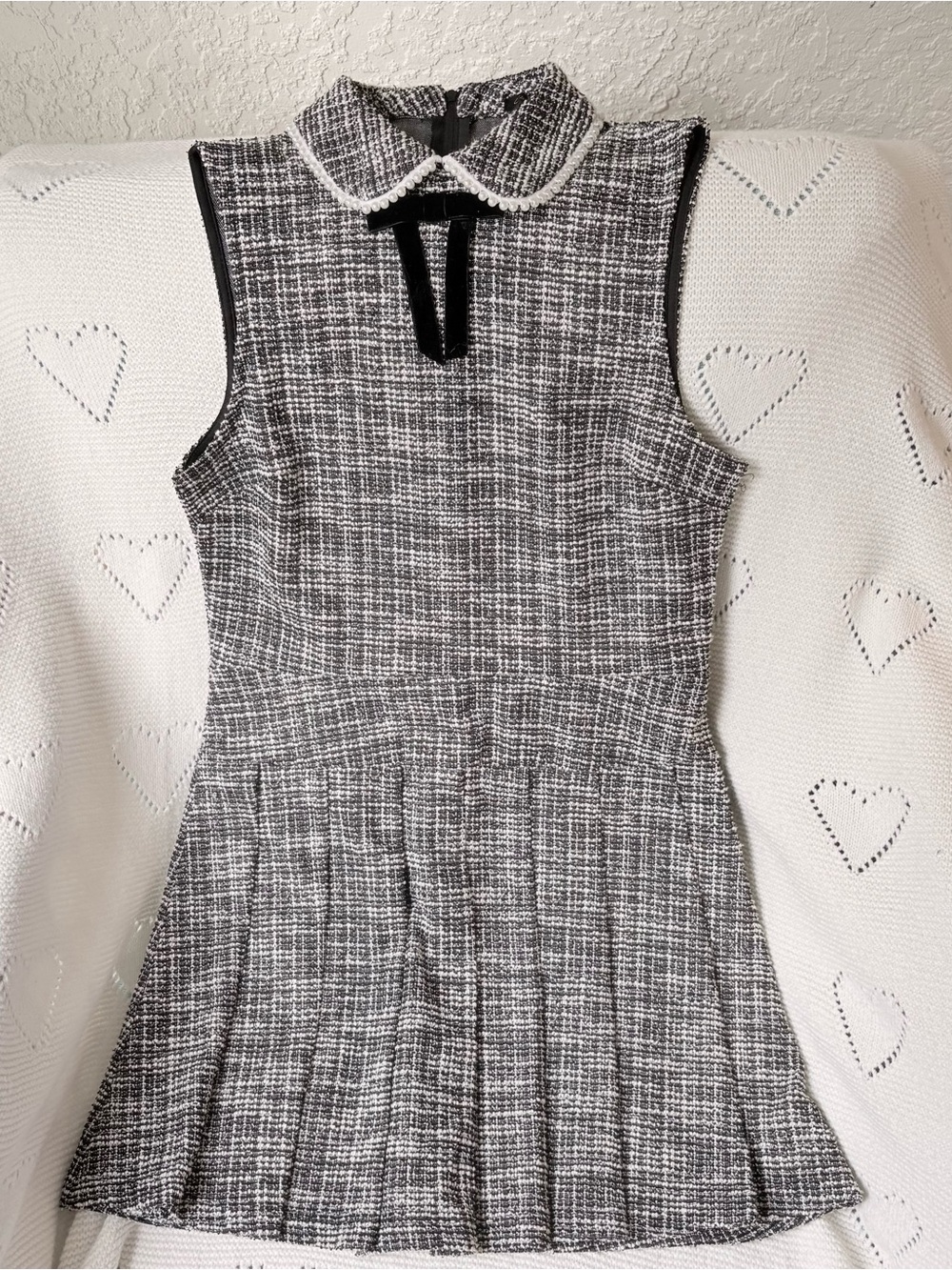 Black & White Bouclé Pearl-Trim Collar Top